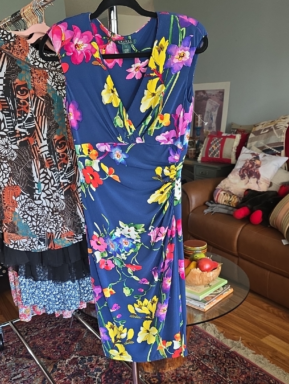Ralph Lauren Navy Floral Wrap-Effect Midi Dress Size 2